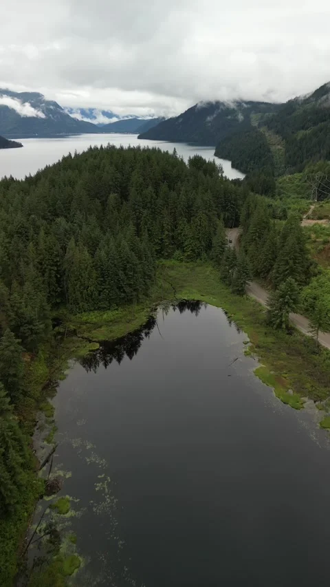 Pristine lake surrounded by lush green pine forests and high mountains Squamish Stock Footage 261348437