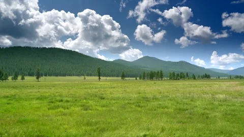Pristine meadow beneath dramatic clouds - Uninhabited Land and Summer Landscape Stock Footage 339715547