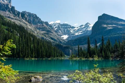 A pristine mountain lake surrounded by evergreen forests and rocky peaks. Stock Photos