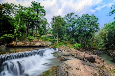 Pristine River Flowing Through Dense Forest in Alpine Region. Panoramic Vie.. Stock Photos