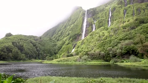 Pristine Waterfall on Flores Island, Azores Stock Footage 135381653
