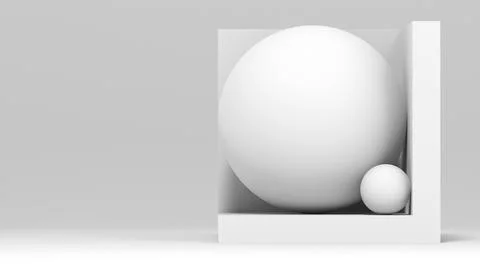A pristine white large sphere sits inside a square open box with a smaller .. Stock Illustration