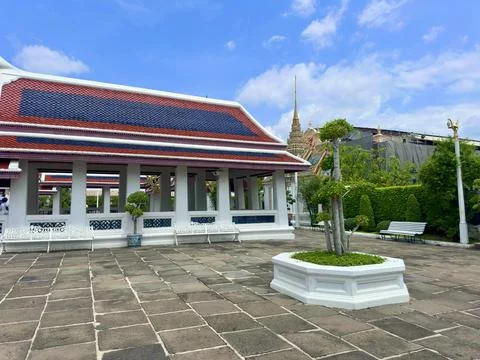 Pristine white pavilion corridor with red and blue tiled roof at the Grand Stock Photos