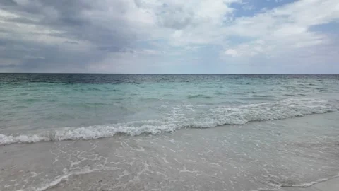 Pristine White Sand Beach with Clear Water and Cloudy Sky Stock Footage 268707801