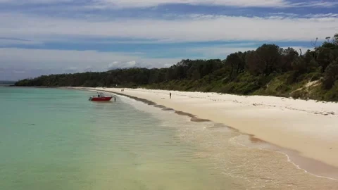 Pristine white sand Long Beach on Jervis bay of Australia – aerial flying 4k. Stock Footage 226753486