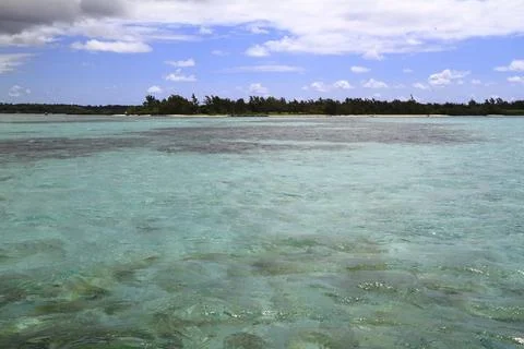 A Pristine White Sandy Beach Meets the Clear Turquoise Ocean, Mauritius 写真素材