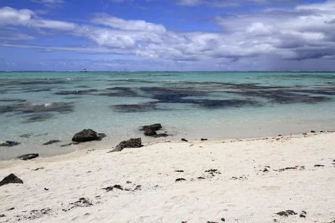 A Pristine White Sandy Beach Meets the Clear Turquoise Ocean, Mauritius 写真素材