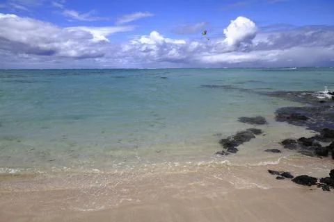 A Pristine White Sandy Beach Meets the Clear Turquoise Ocean, Mauritius Stock Photos