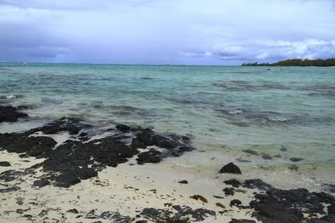 A Pristine White Sandy Beach Meets the Clear Turquoise Ocean, Mauritius Stock Photos
