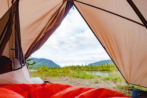 Pristine Yukon River view from inside tent Stock Photos