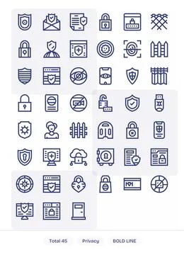 Privacy Comprehensive Vector Bundle with 45 Editable Bold Line 64x64 Icons Stock Illustration