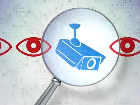 Privacy concept: Camera And Eye with optical glass on digital ba 스톡 일러스트