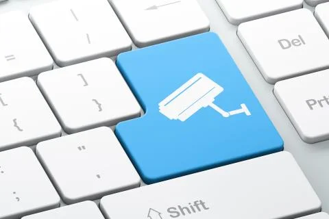 Privacy concept: Cctv Camera on computer keyboard background 스톡 일러스트