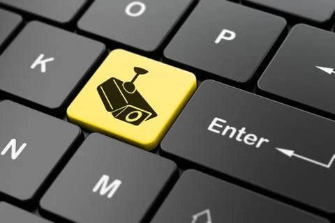 Privacy concept: Cctv Camera on computer keyboard background 스톡 일러스트