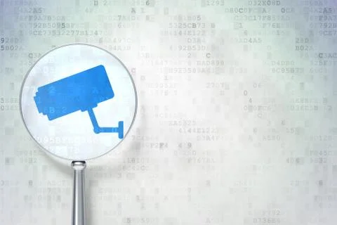 Privacy concept: Cctv Camera with optical glass on digital back Illustrazione stock