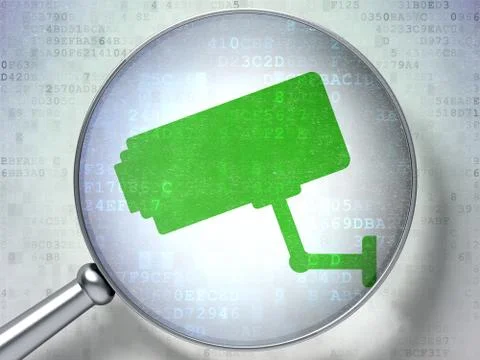 Privacy concept: Cctv Camera with optical glass on digital back Illustrazione stock