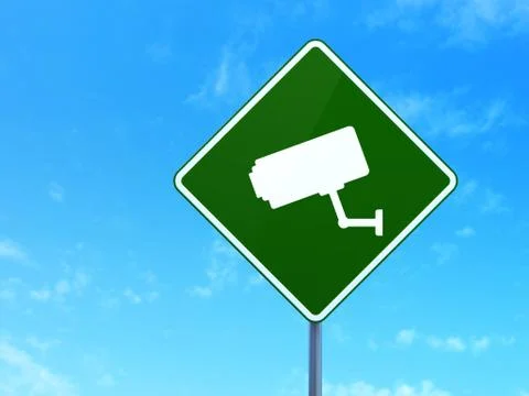 Privacy concept: Cctv Camera on road sign background Illustrazione stock