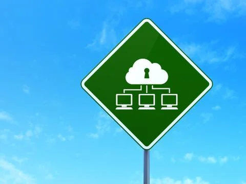 Privacy concept: Cloud Network on road sign background Illustrazione stock
