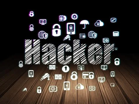 Privacy concept: Hacker in grunge dark room Illustrazione stock