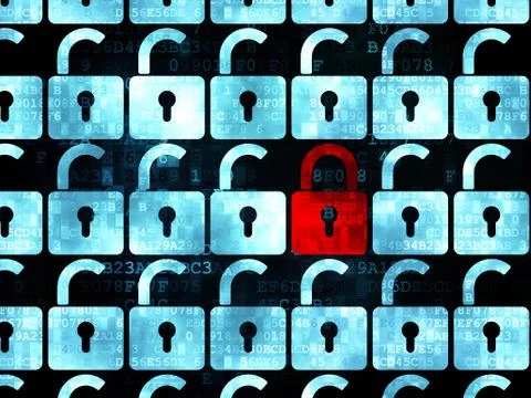 Privacy concept: red closed padlock icon on Digital background Illustrazione stock