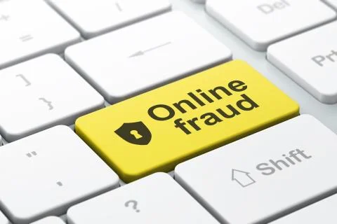 Privacy concept: Shield With Keyhole and Online Fraud on compute Stock Illustration