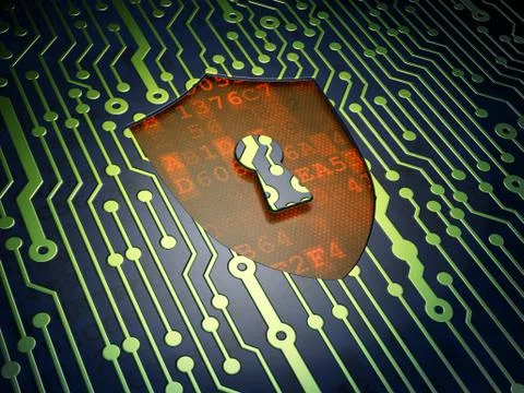 Privacy concept: Shield With Keyhole on circuit board background Illustrazione stock