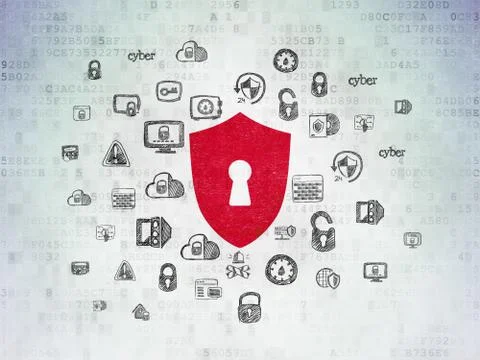 Privacy concept: Shield With Keyhole on Digital Data Paper background Illustrazione stock