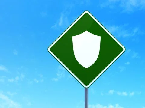 Privacy concept: Shield on road sign background Illustrazione stock