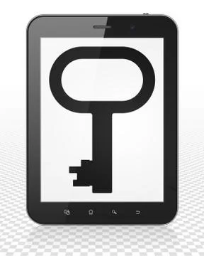 Privacy concept: Tablet Pc Computer with Key on display Illustrazione stock