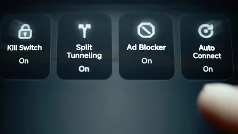 Privacy controls enable kill switch tunneling blocker and auto connect Stock Photos