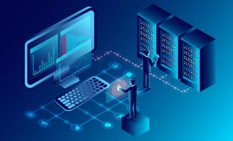 Privacy protection and software for development with businessman stood in fro Stock Illustration