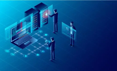 Privacy protection and software for development with businessman stood in fro Stock Illustration