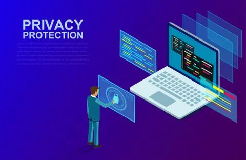 Privacy protection and software for development with businessman stood in fro 库存插图