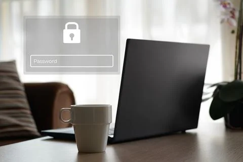 Privacy protection. Digital password interface near laptop Stock Photos