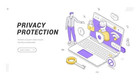 Privacy Protection Isometric Vector Illustration Security Banner Template Illustrazione stock