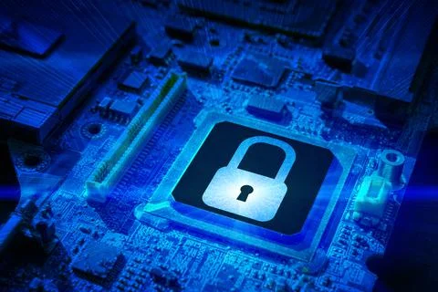 Privacy secure. Network security technology with computer processor chip on d 库存照片