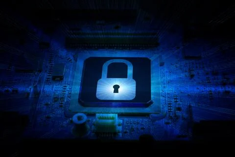 Privacy secure. Network security technology with computer processor chip on d 写真素材