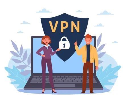 Privacy system to protect data of private VPN network. Tiny people and huge Stock Illustration