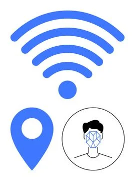 Privacy, technology, wireless communication, biometric security, facial recog Illustrazione stock