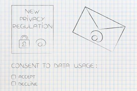 Privacy text next to email envelope and data usage consent question with acce Stock Illustration