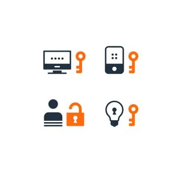 Private access security technology, gadget protection, hack prevention icons Stock Illustration