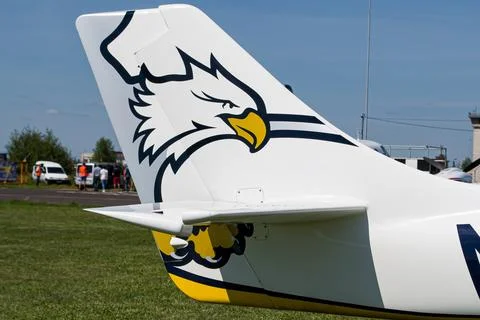 Private aircraft's vertical stabilizer with a eagle drawing Stock Photos