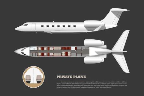 Private airplane interior. Side and top view of bussiness plane. Plane seats Stock Illustration