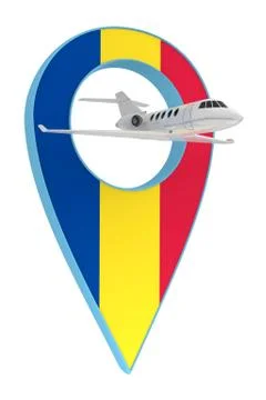 Private airplane with pin navigation flag Romania Stock Illustration