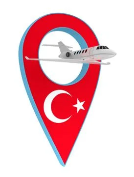Private airplane with pin navigation flag Turkey Stock Illustration