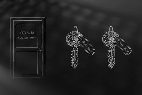 Private and public encryption keys next to door with access to personal data Stock Illustration