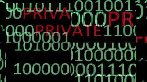 Private Data Glitch Concept with Binary Codes and Red Protection Text Overlay Stock Footage 300303706