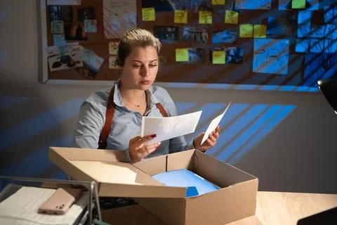 Private detective studying case files in evidence room. detective work in a.. Stock Photos