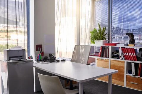 Private, empty office and desk with chair of interior design, furniture or 스톡 사진