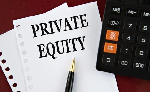 PRIVATE EQUITY - words on a white sheet with a calculator and pen in the ba.. Stock Photos